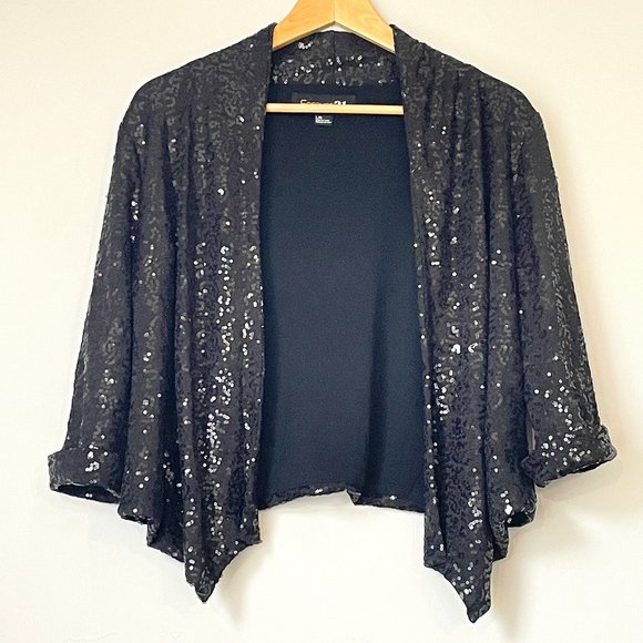 Black Forever 21 Sequin Open Cardigan w/ 3/4 Cuffed Sleeves & Collar - Picture 1 of 3